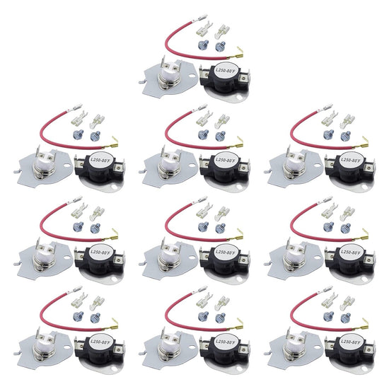 Pack of 10 dryer thermal cut-off kits with thermostats, wiring harnesses, and mounting screws for Whirlpool and Kenmore.
