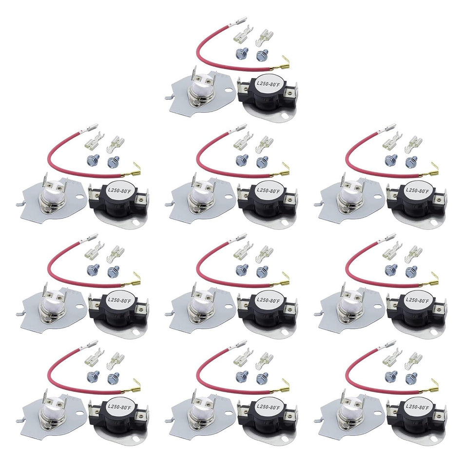 Pack of 10 dryer thermal cut-off kits with thermostats, wiring harnesses, and mounting screws for Whirlpool and Kenmore.