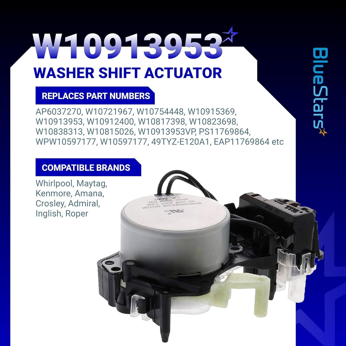 W10913953 washer shift actuator replacement part with compatibility information graphic.
