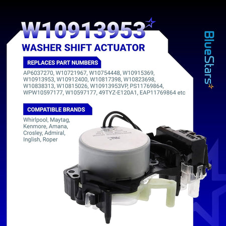 W10913953 washer shift actuator replacement part with compatibility information graphic.