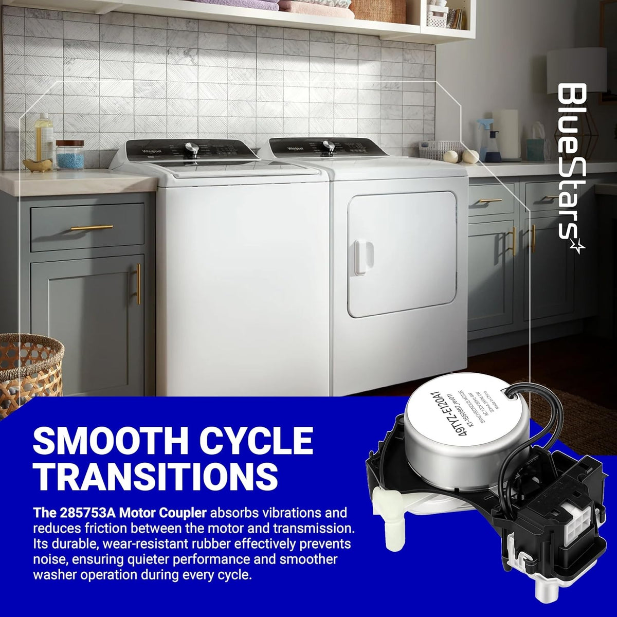 W10913953 49tyz-e120a1 washer shift actuator replacement part shown in a promotional graphic for laundry appliances.