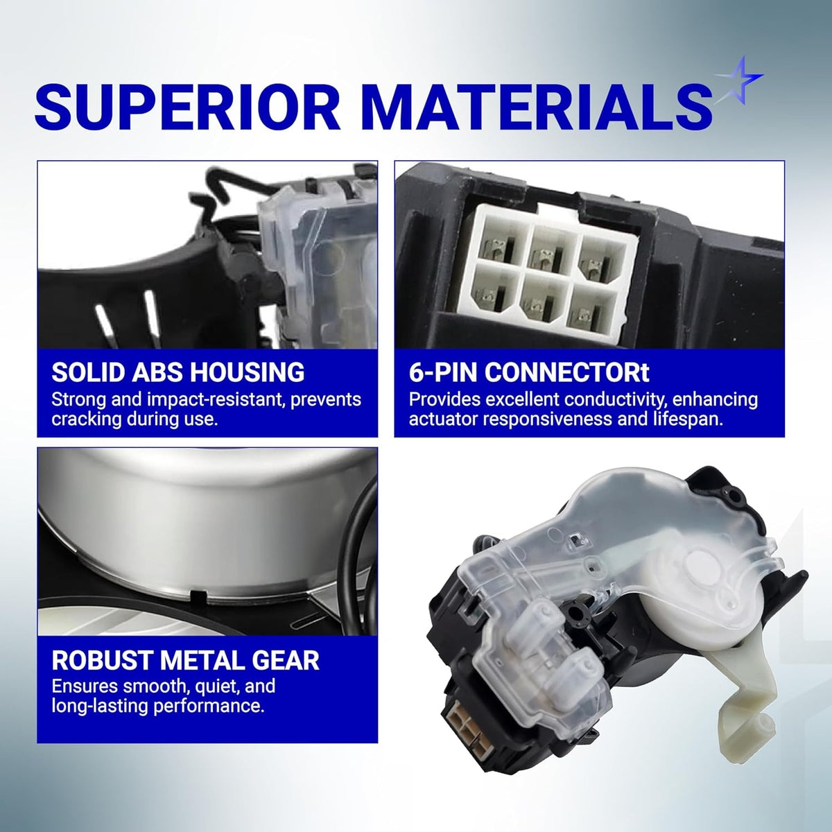 W10913953 washer shift actuator features, highlighting ABS housing, 6-pin connector, and metal gear construction.