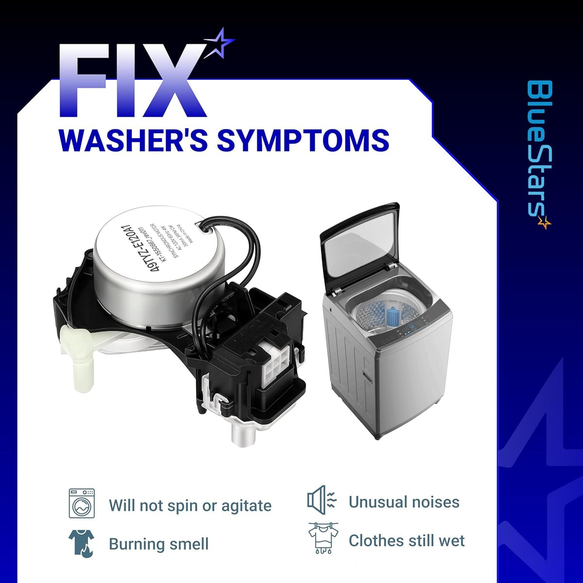 W10913953 washer shift actuator showing common appliance failure symptoms and compatibility with top-load washing machines.