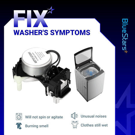 W10913953 washer shift actuator showing common appliance failure symptoms and compatibility with top-load washing machines.