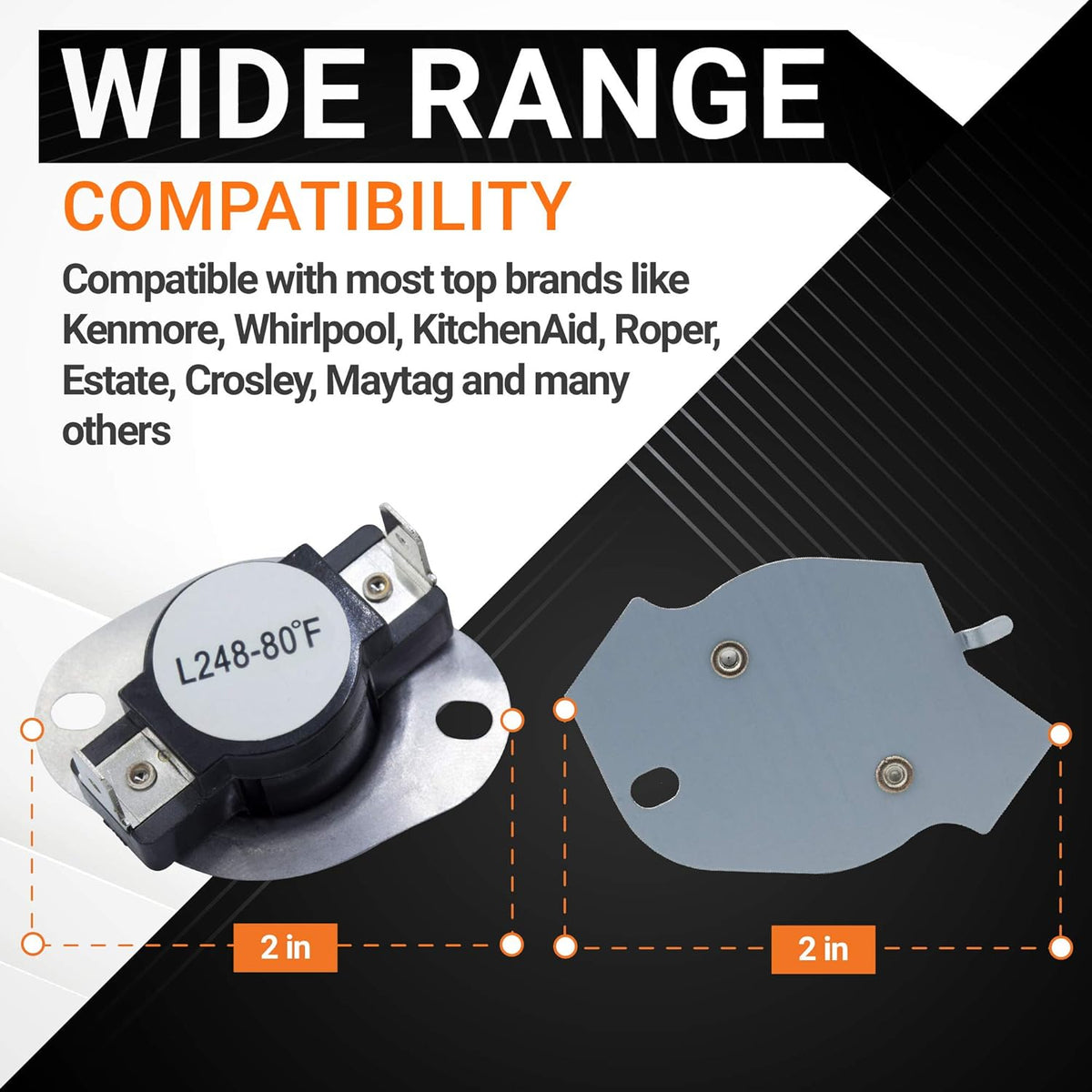 Dryer thermal cut-off kit components showing 2-inch dimensions and compatibility for Whirlpool and Kenmore dryers.