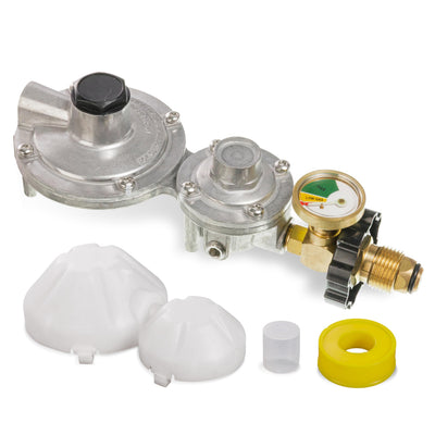 2-stage propane regulator with pressure gauge, POL connection, and included protective caps and thread seal tape.