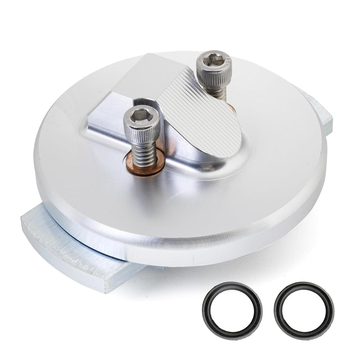 Silver aluminum dipstick adapter repair kit F4TZ-6753-A with mounting bolts and two rubber O-ring seals.