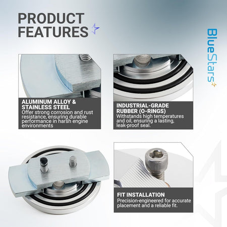Infographic showing product features and materials for F4TZ-6753-A dipstick adapter repair kit.