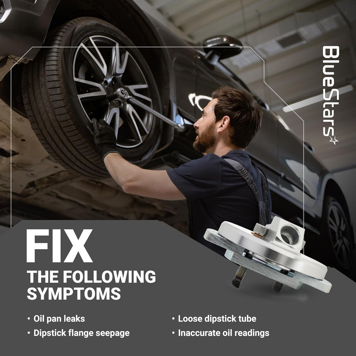F4TZ-6753-A dipstick adapter repair kit shown with mechanic working on a vehicle to fix oil pan leaks.