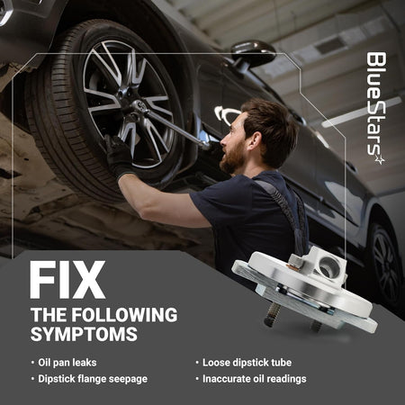 F4TZ-6753-A dipstick adapter repair kit shown with mechanic working on a vehicle to fix oil pan leaks.