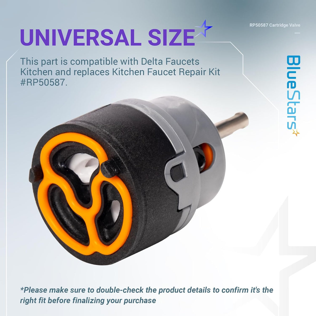 RP50587 replacement cartridge valve for Delta kitchen faucets with orange seal detail.