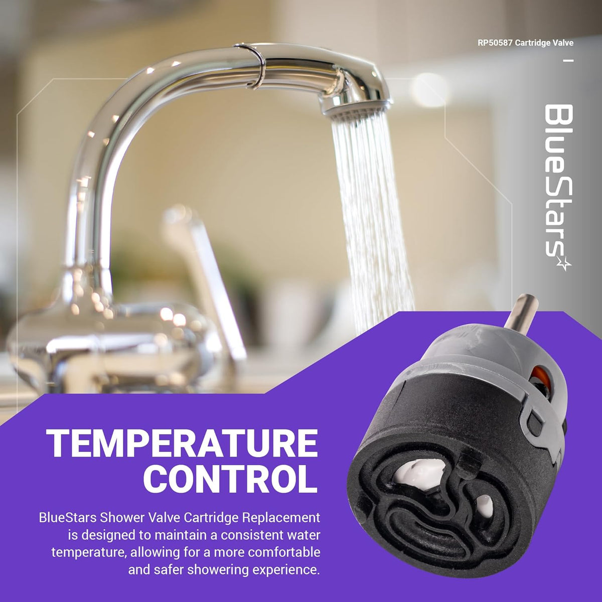 RP50587 replacement cartridge valve for shower temperature control with a black and gray housing.