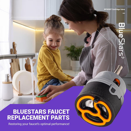 RP50587 replacement cartridge valve for kitchen faucets shown in a lifestyle graphic.