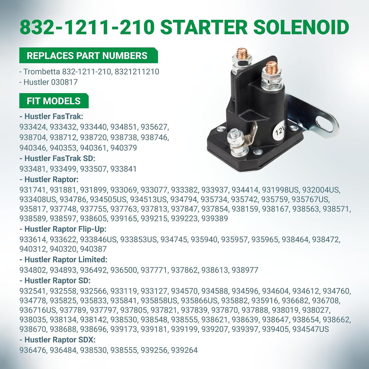 030817 Starter Solenoid, 12V 3-terminal solenoid with bracket, replacement numbers, and fit model list