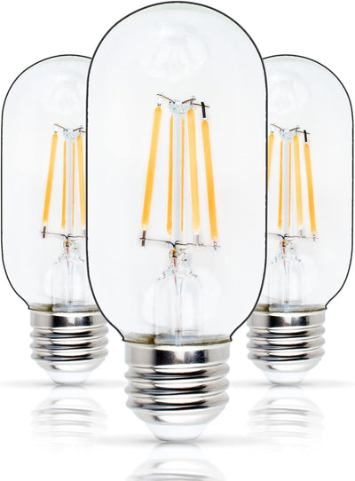Three T45 T14 tubular E26 Edison LED light bulbs with clear glass and visible filaments.