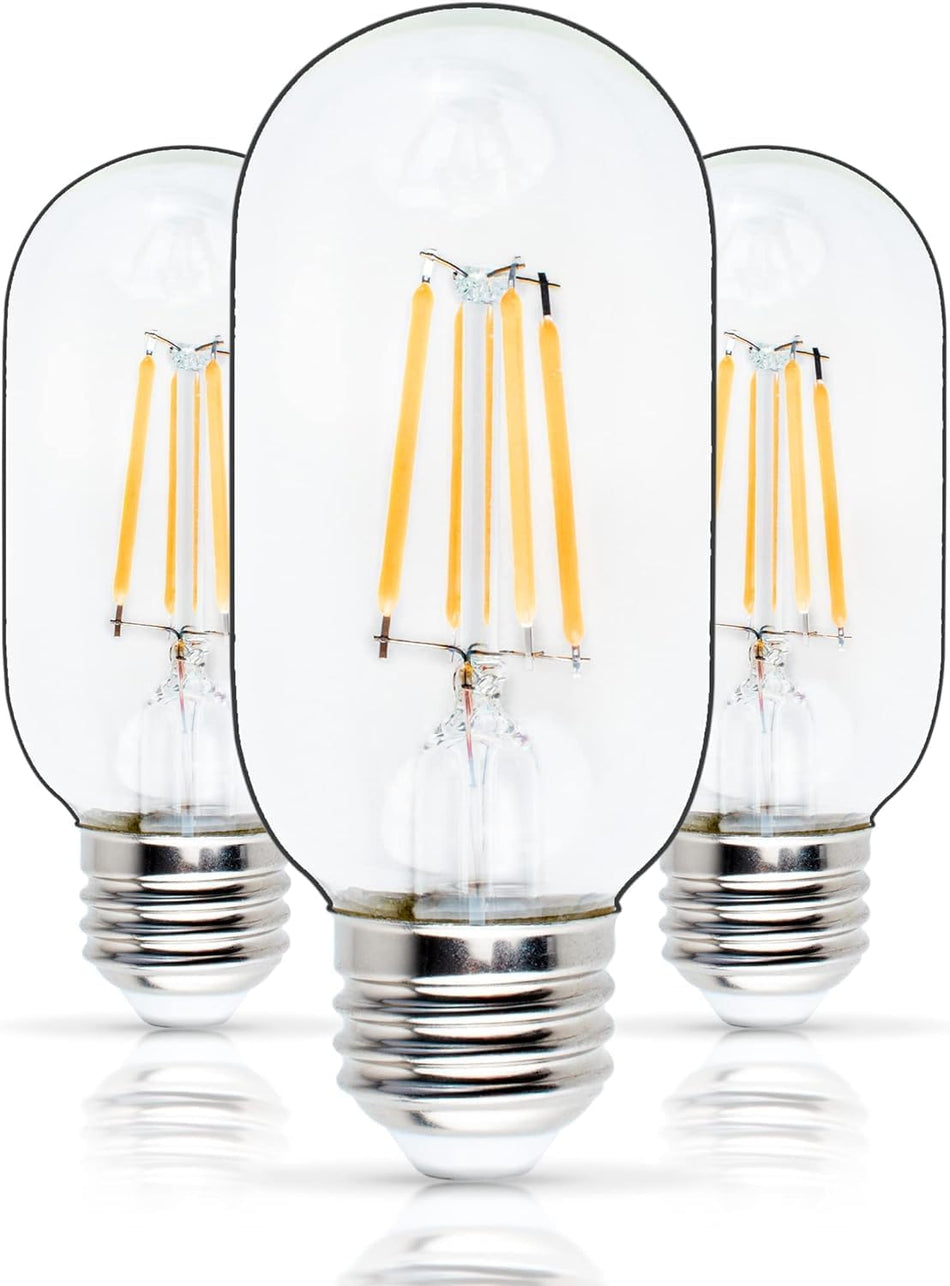Three T45 T14 tubular E26 Edison LED light bulbs with clear glass and visible filaments.
