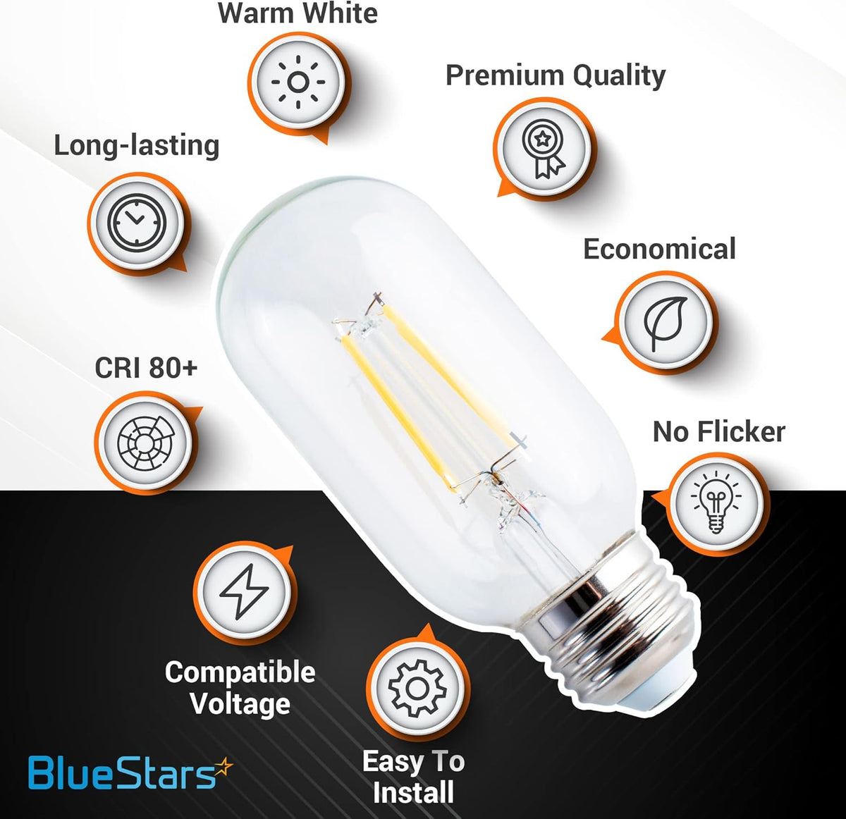 T45 T14 tubular E26 Edison LED light bulb with infographic icons highlighting features like warm white and no flicker.