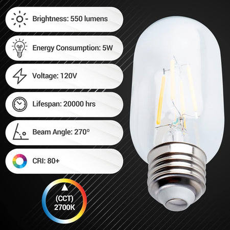T45 T14 tubular E26 LED Edison bulb with technical specification infographic overlay.