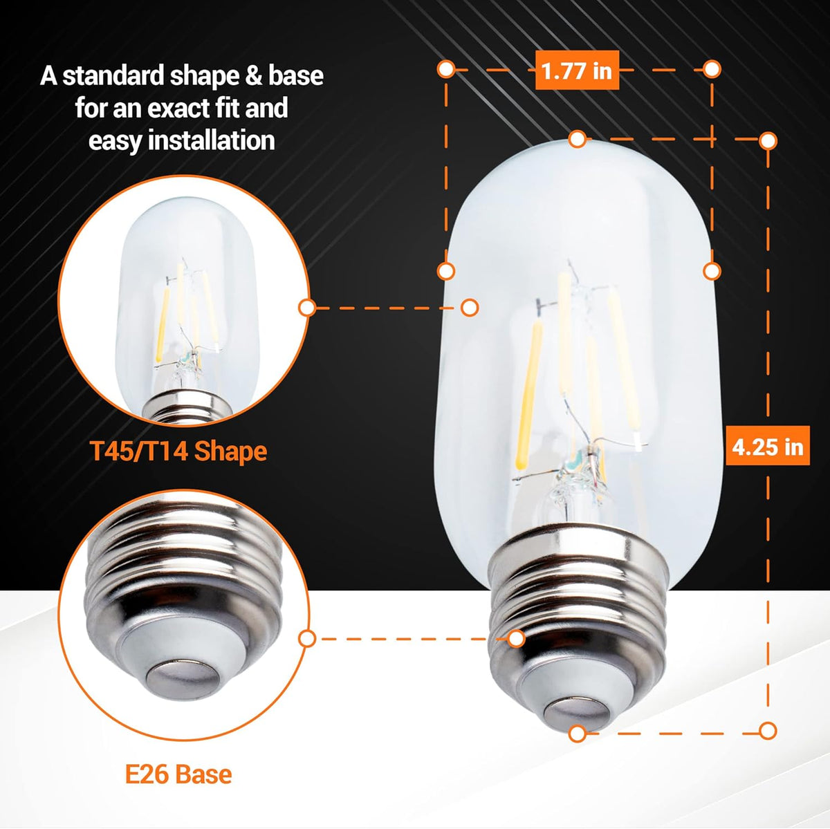 Diagram showing dimensions of T45 T14 tubular LED bulb with E26 base, 1.77 inch width and 4.25 inch height.