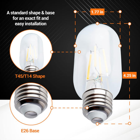 Diagram showing dimensions of T45 T14 tubular LED bulb with E26 base, 1.77 inch width and 4.25 inch height.