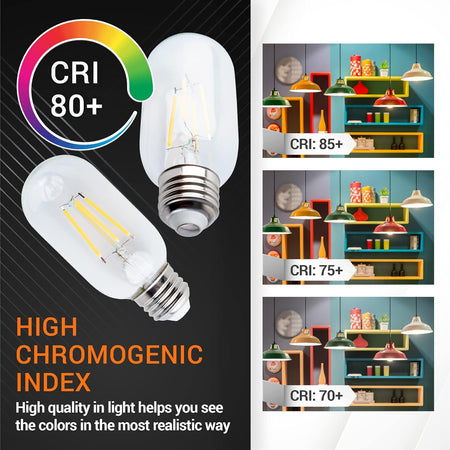 Two T45 T14 tubular E26 Edison LED light bulbs with 80+ CRI rating and color comparison chart.
