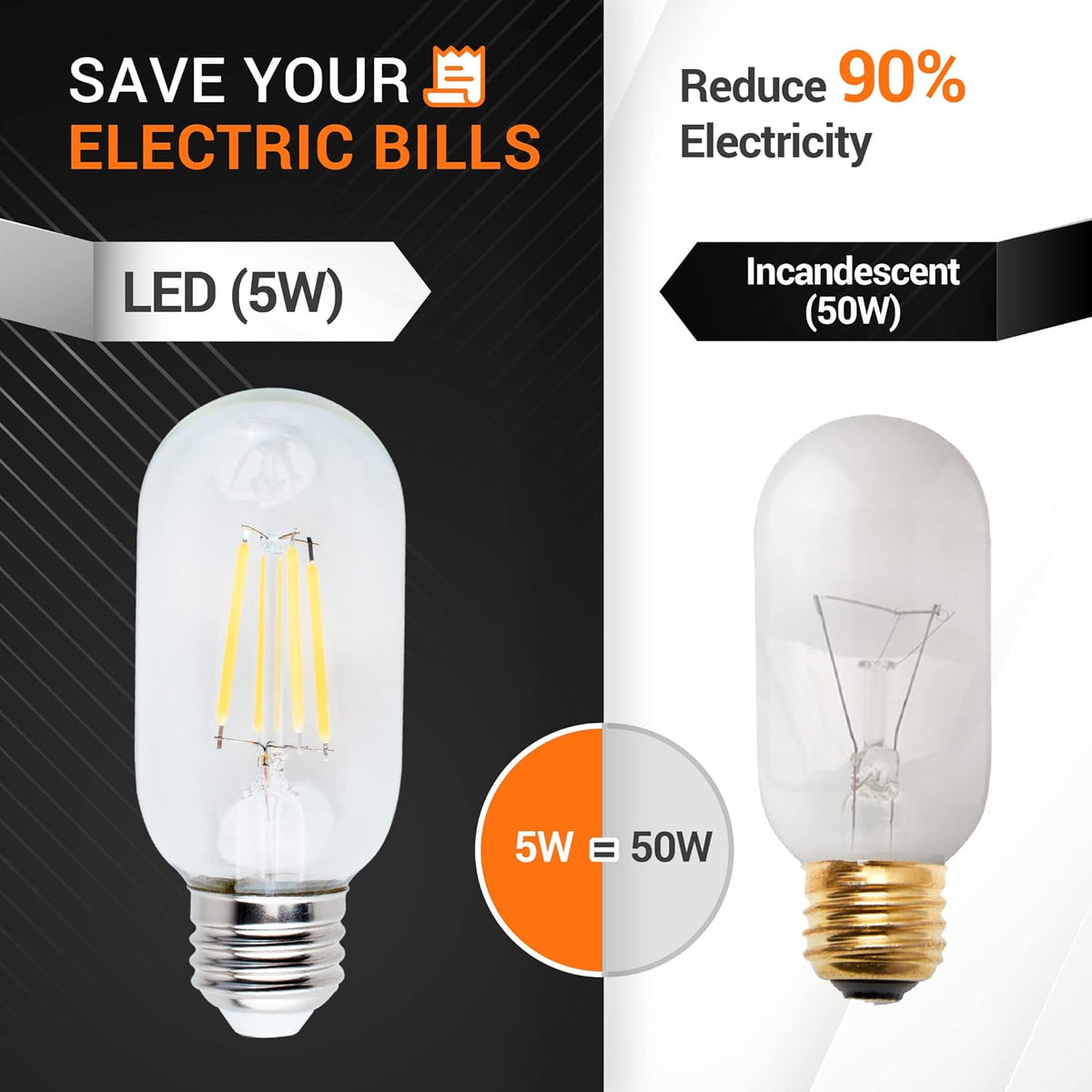 Comparison infographic showing energy savings between a 5W T45 LED bulb and a 50W incandescent bulb.