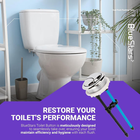 Chrome dual push flush toilet button with 48mm thread diameter and adjustable rods on a promotional background.