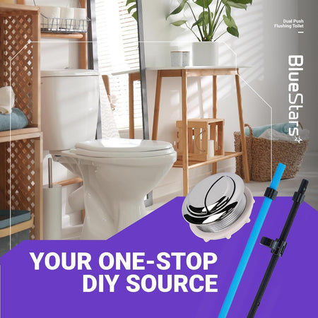 Chrome 48mm dual push flush toilet button with adjustable rods on a branded promotional background.