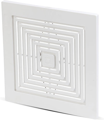 White plastic bathroom ceiling fan grille cover with concentric square design and mounting springs.