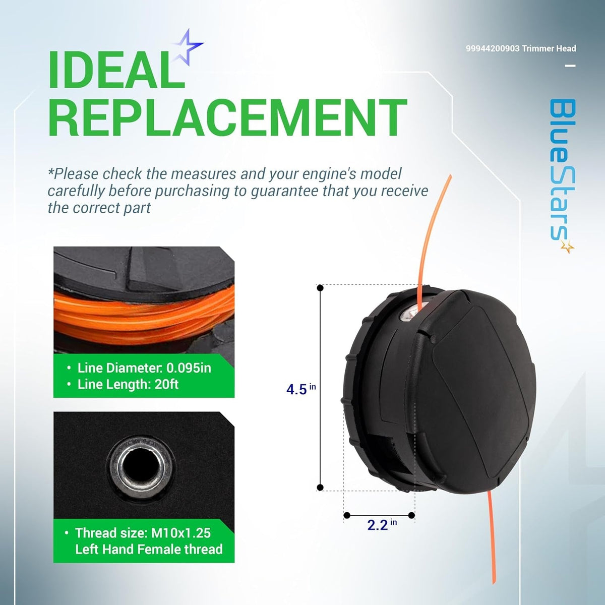 Speed-Feed 450 trimmer head dimensions and specifications infographic for Echo SRM series replacement.