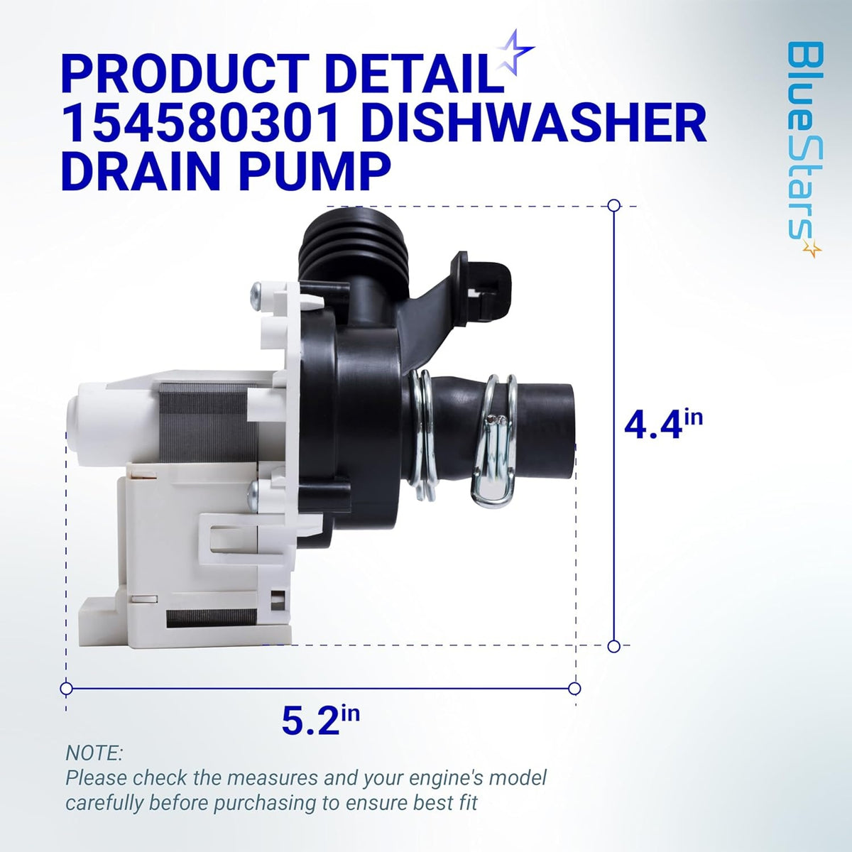 154580301 dishwasher drain pump showing dimensions of 5.2 inches by 4.4 inches for compatibility verification.