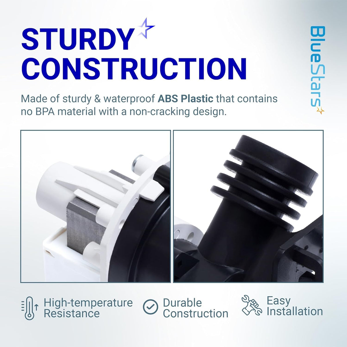 Close-up of 154580301 dishwasher drain pump showing durable ABS plastic construction and high-temperature resistance.