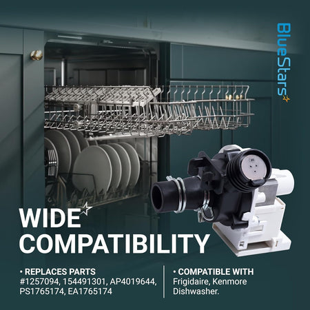 154580301 dishwasher drain pump for Frigidaire and Kenmore appliances with wide compatibility text overlay.