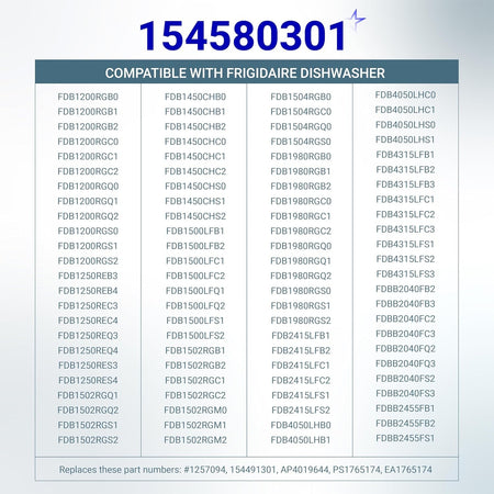 Compatibility chart for 154580301 dishwasher drain pump listing compatible Frigidaire model numbers.
