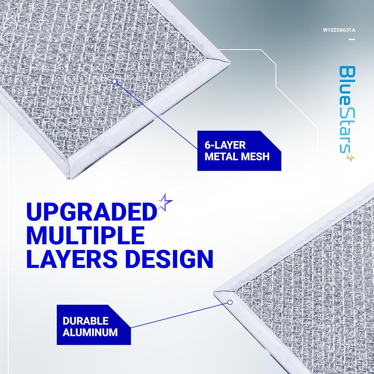 Close-up of W10208631A microwave grease filter showing 6-layer aluminum metal mesh construction.