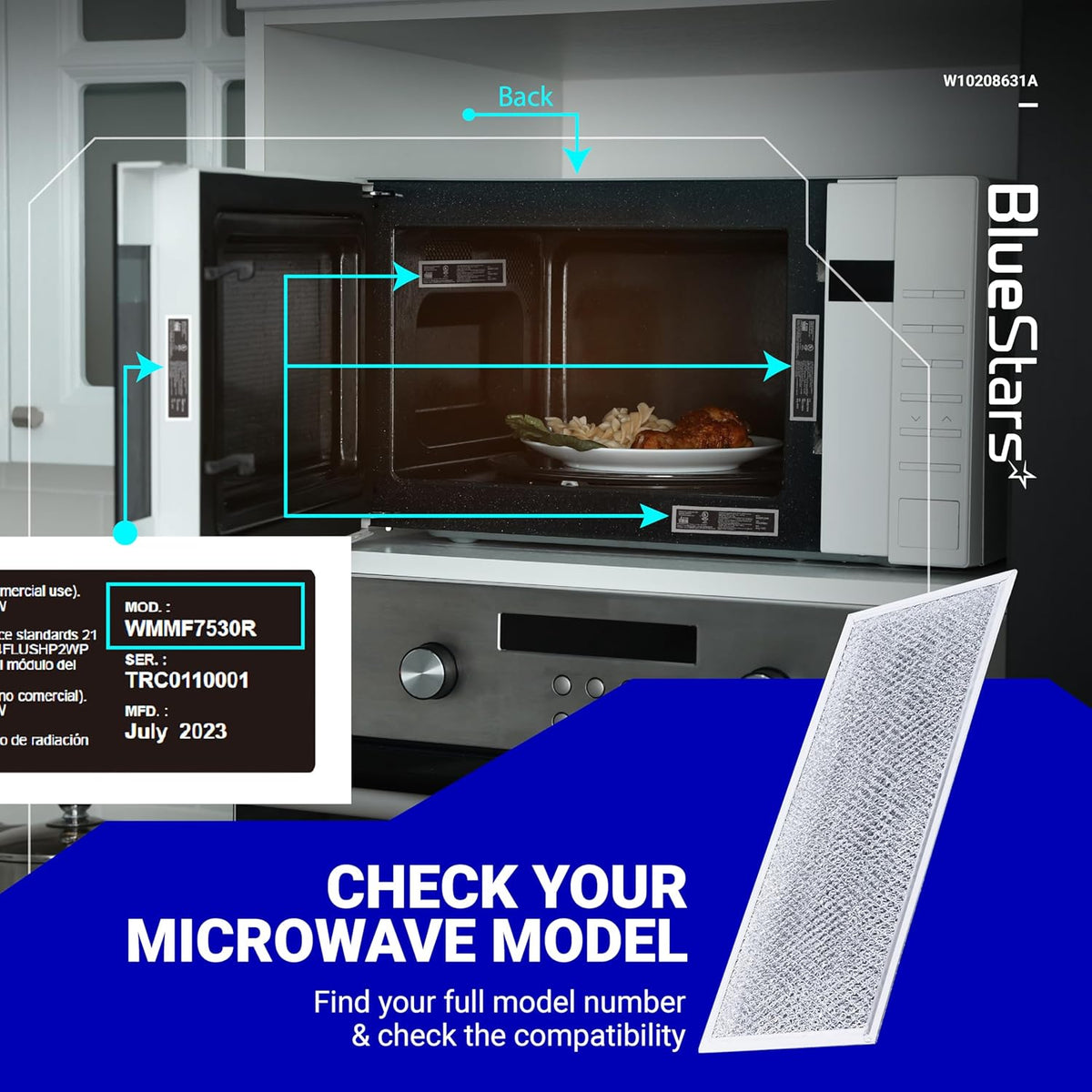 W10208631A microwave grease filter showing model number location guide for compatibility check.