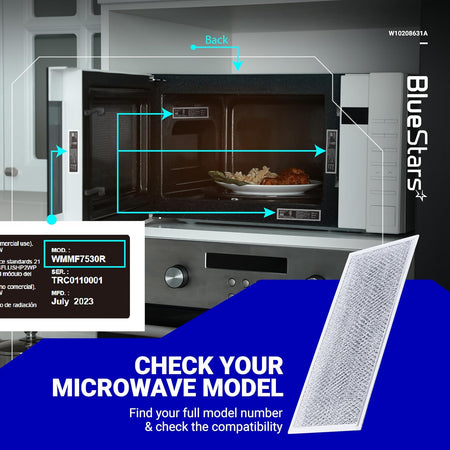 W10208631A microwave grease filter showing model number location guide for compatibility check.