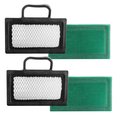 Two air filters and two green pre-filters for John Deere and Briggs & Stratton Intek V-Twin engines.