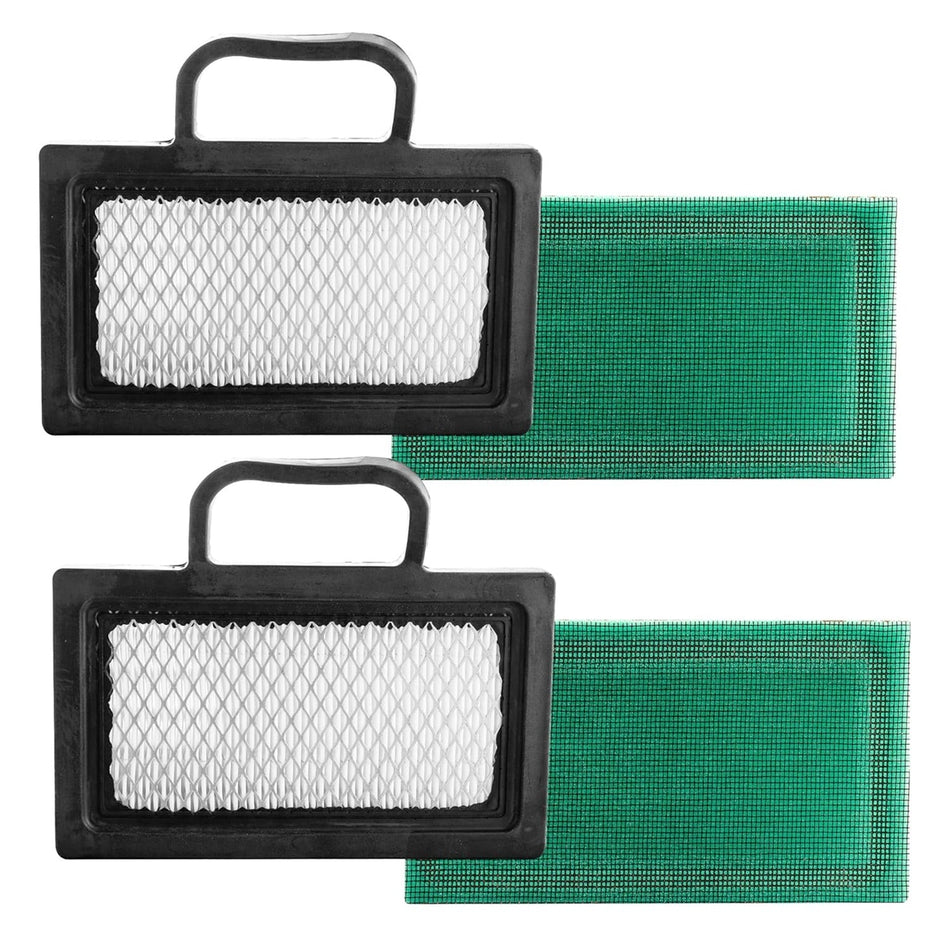 Two air filters and two green pre-filters for John Deere and Briggs & Stratton Intek V-Twin engines.