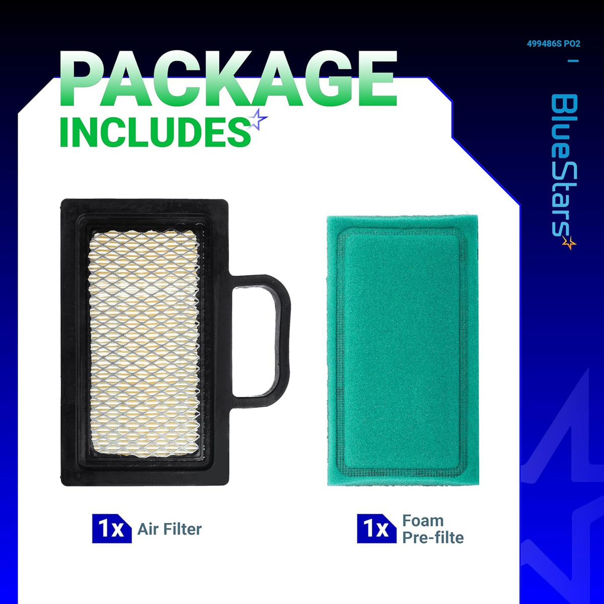 Replacement air filter and green foam pre-filter set for John Deere and Briggs & Stratton Intek V-Twin engines.