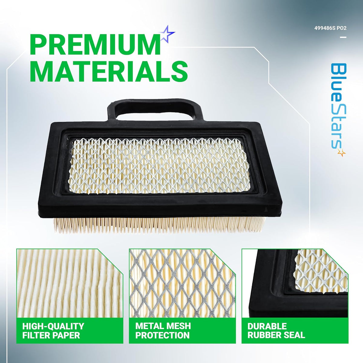 Replacement air filter for John Deere and Briggs & Stratton engines showing filter paper, metal mesh, and rubber seal.