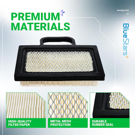 Replacement air filter for John Deere and Briggs & Stratton engines showing filter paper, metal mesh, and rubber seal.