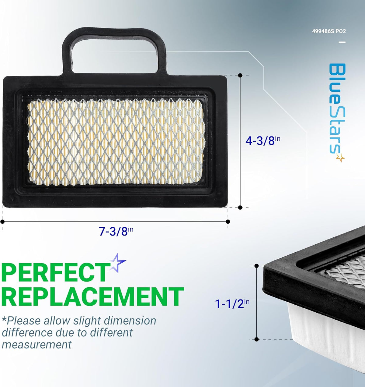 Replacement air filter 499486S for John Deere engines showing dimensions of 7-3/8 by 4-3/8 by 1-1/2 inches.