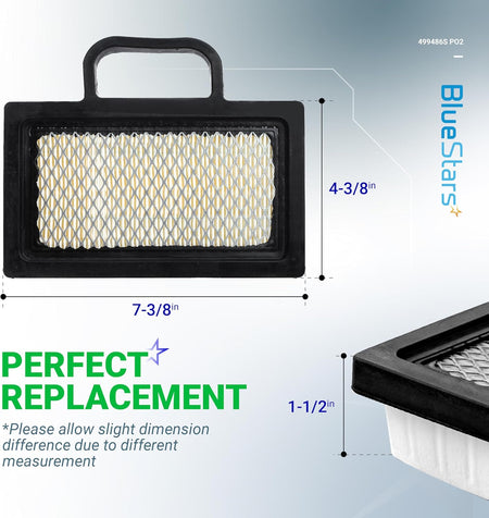 Replacement air filter 499486S for John Deere engines showing dimensions of 7-3/8 by 4-3/8 by 1-1/2 inches.