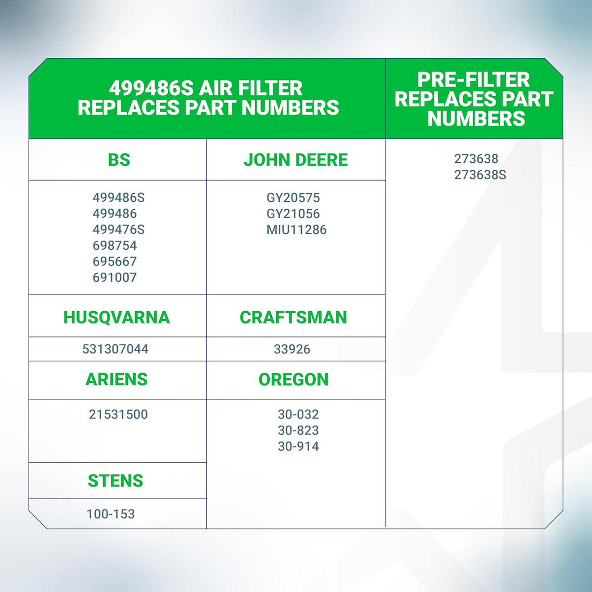 Cross-reference chart for 499486S air filter and 273638 pre-filter replacement part numbers.