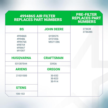 Cross-reference chart for 499486S air filter and 273638 pre-filter replacement part numbers.