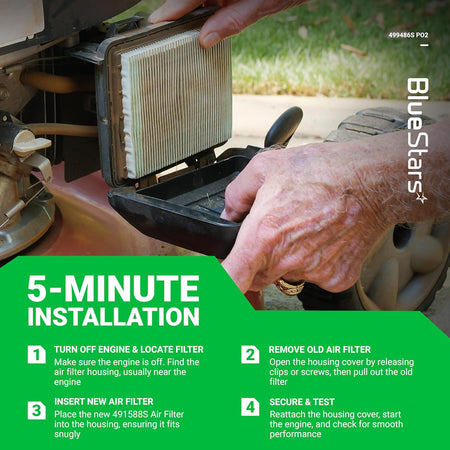 Hands installing a replacement air filter into a John Deere lawn mower engine housing with 5-minute installation guide.