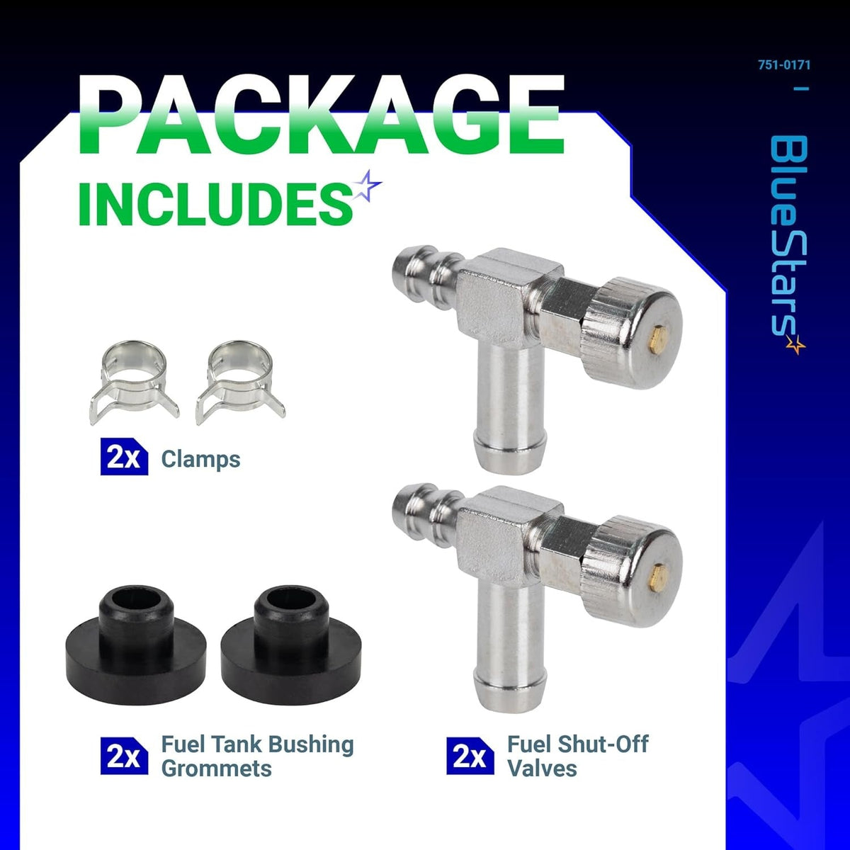 Package contents showing two fuel shut-off valves, two fuel tank grommets, and two metal clamps for lawn equipment.