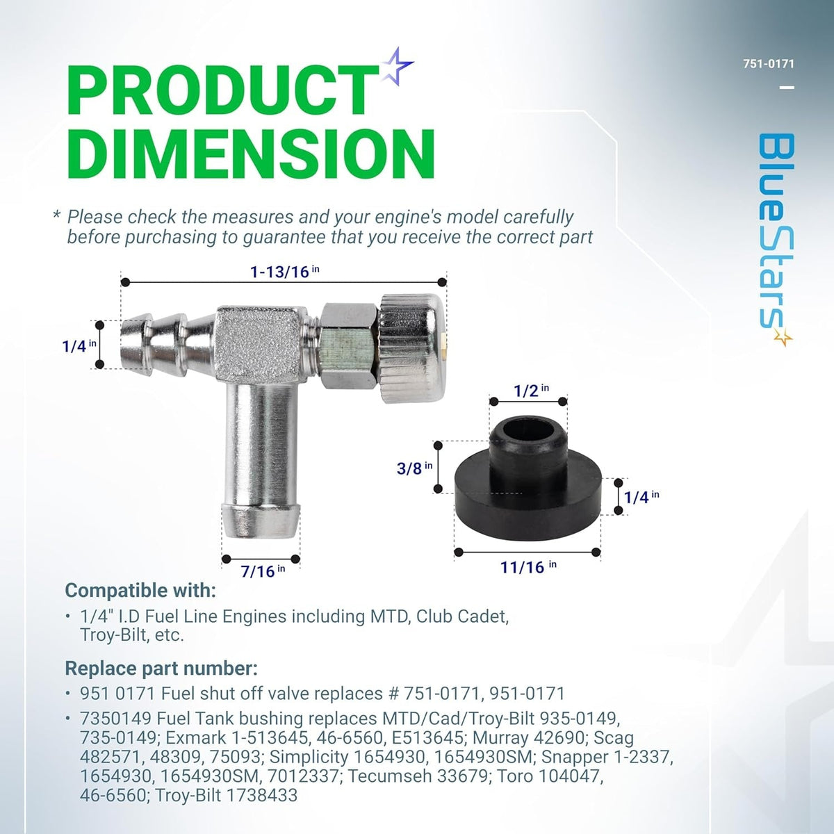 Dimension diagram showing 951-0171 fuel shut off valve and 735-0149 fuel tank grommet with measurements.