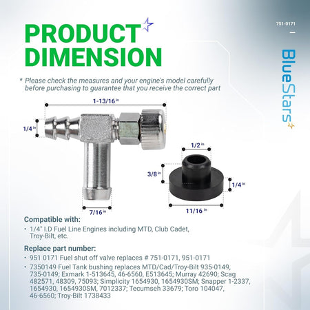 Dimension diagram showing 951-0171 fuel shut off valve and 735-0149 fuel tank grommet with measurements.